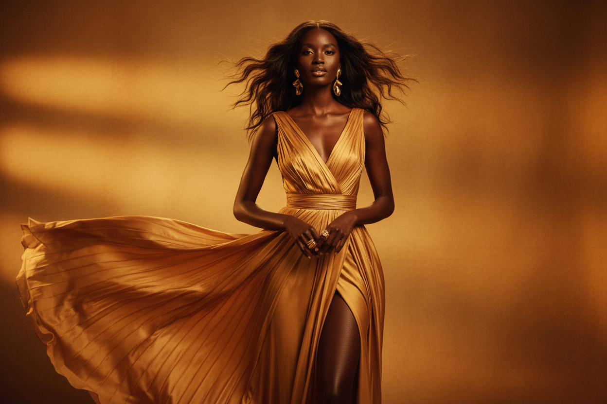 Cinematic hero banner with Black woman model in soft warm lighting